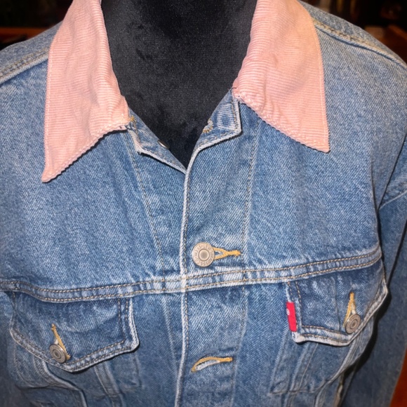 LEVI’S Denim Original Jacket Womens Xlarge Classic medium blue pink collars cuff - Picture 2 of 10